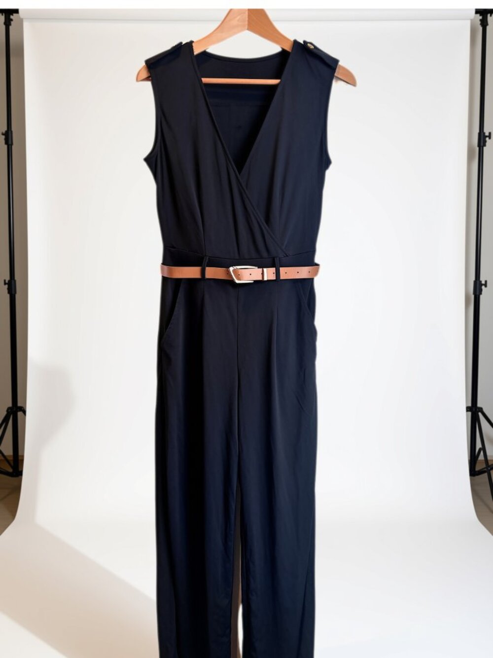 Pink Queen Black V-Neck Wide Leg Belted Jumpsuit